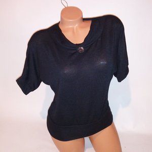 Annabelle Sweater Womens Solid Black Dolman Sleeve Scoop Neck Lightweight Button